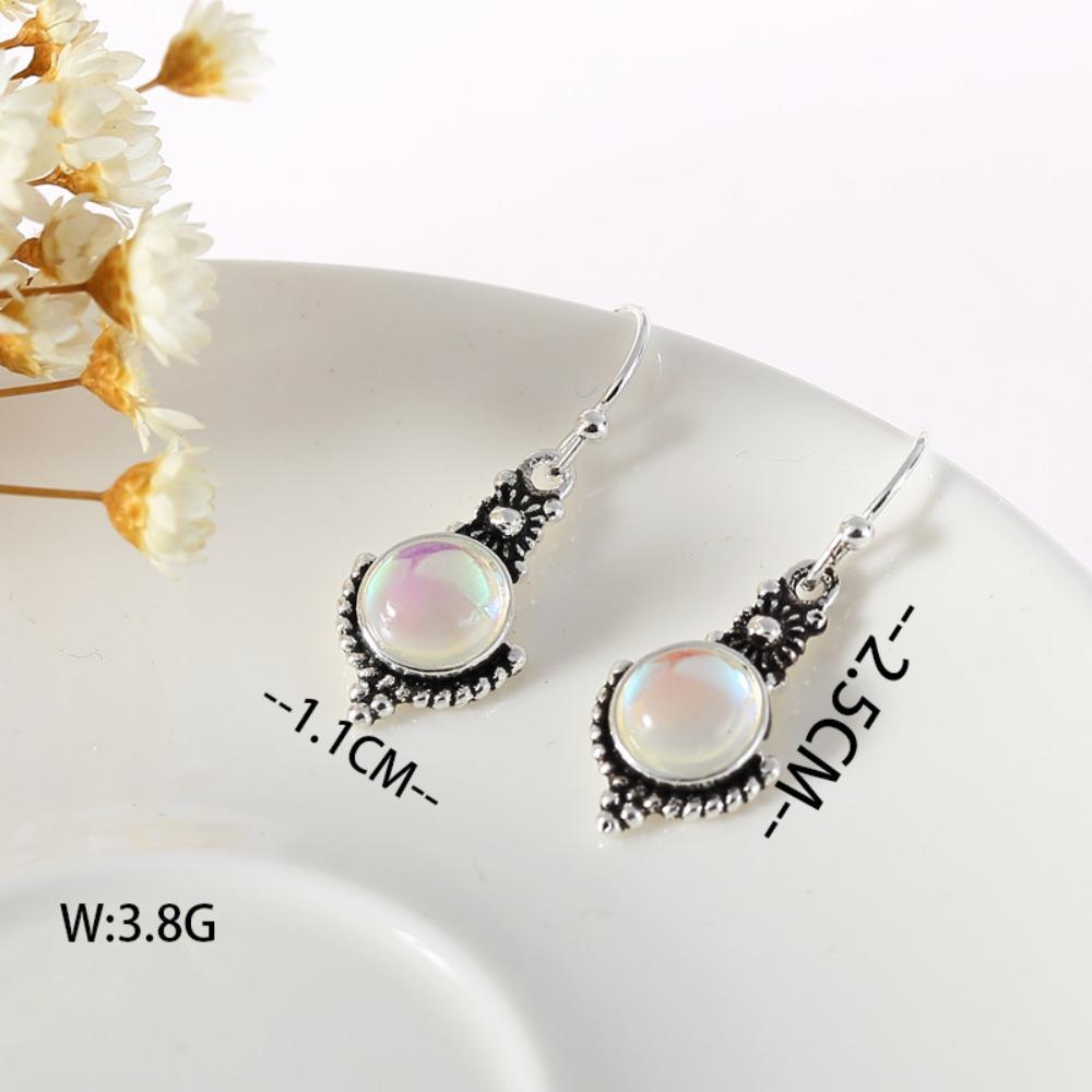 Charm Retro Ancient Silver Geometric Circle Seven-color Moonstone Red Opal Pendant Dangle Earrings for Women Temperament Jewelry