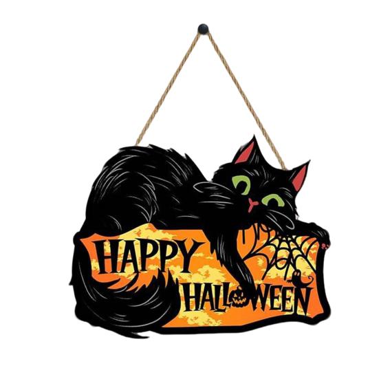 Yousheng Halloween Hanging Door Sign, Cute Cat Hanging Sign, Wooden Front Door Hanger with Hemp Rope for Porch Wall Indoor Home