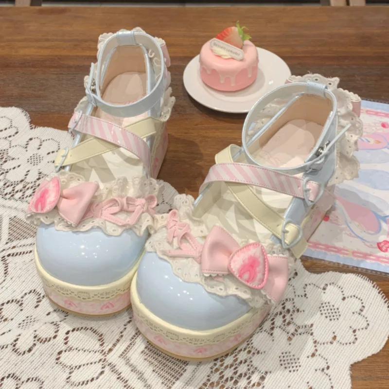 Cute Sweet Lolita Shoes Thick Sole Platform Women Pumps PU Leather Mary Janes Girls Sandals Cross Strap Party Princess Shoes