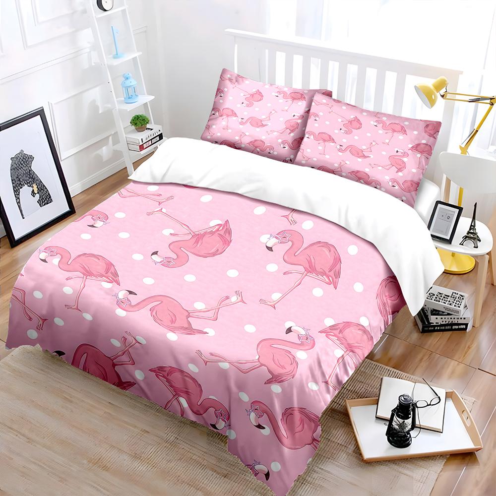 Pink Flamingos And White Polka Dots Print Bedding Set 1 Duvet Cover 2 Pillowcases For Adult And Children Luxury Gift Full Size