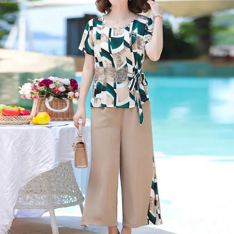 

Elegant Fashion Printing Sashes Pant Sets Summer New Vacation Short Sleeve O-Neck T-shirt Long Pants Loose Women s S зелений