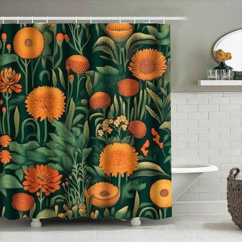 Vibrant Floral Shower Curtain Green Orange Modern Decor For Bathroom 3D Printed Water Repellent Fabric Customizable Size Availab