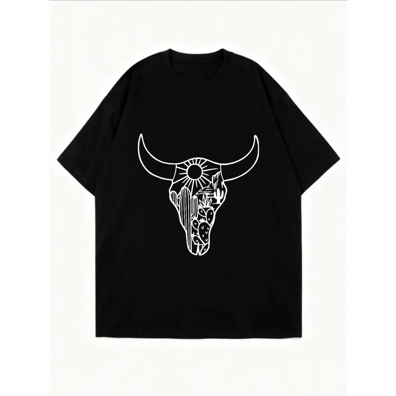 Vintage Black Oversized T-Shirt with White-Line Bull Skull & Cactus-Sun Print – Western Desert-Style Statement Top