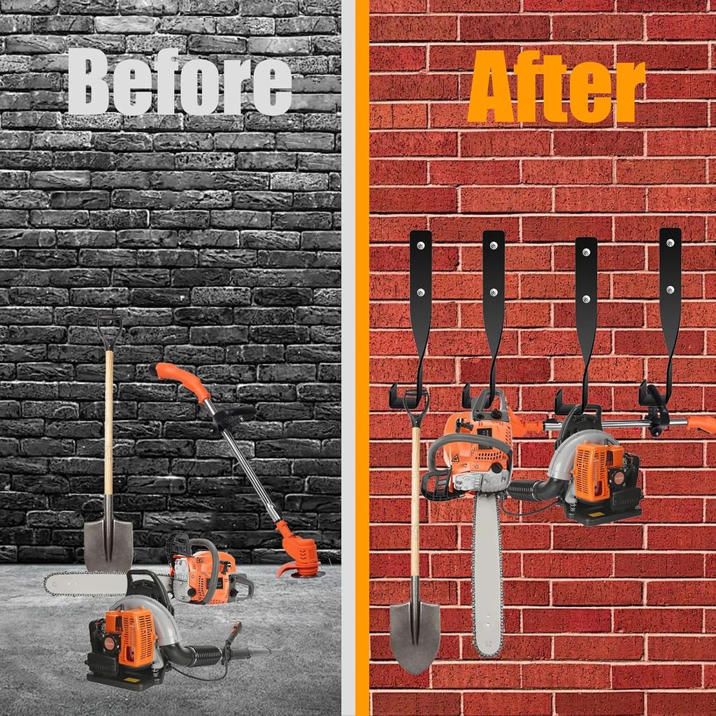 4Pcs Chainsaw Holder Wall Mount,Weed Eater Hanger,String Trimmer Storger Hook,Backpack Blower Rack Accessories and Tools for Garage Wall, Black
