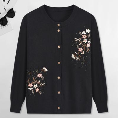 Yousheng Fall Spring Mother Knit Coat Floral Embroidery Single-breasted Round Neck Loose Long Sleeves Cardigan Stretchy Knitwear Sweater Jacket