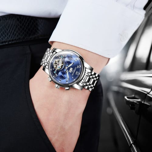 CARNIVAL 8759G Men's Analog Mechanical Automatic Watch (Navy/Silver/Metal) with Calendar (Date), Chronograph-Style Week/Month Display, and Tourbillon-