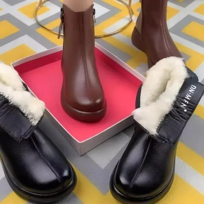 Hochwertige rutschfeste Schneestiefel aus Fell für Damen Plüsch Reißverschluss Winterstiefel Damen Einfarbig Warm Mama Baumwolle Gepolstert Flach mit Schuh