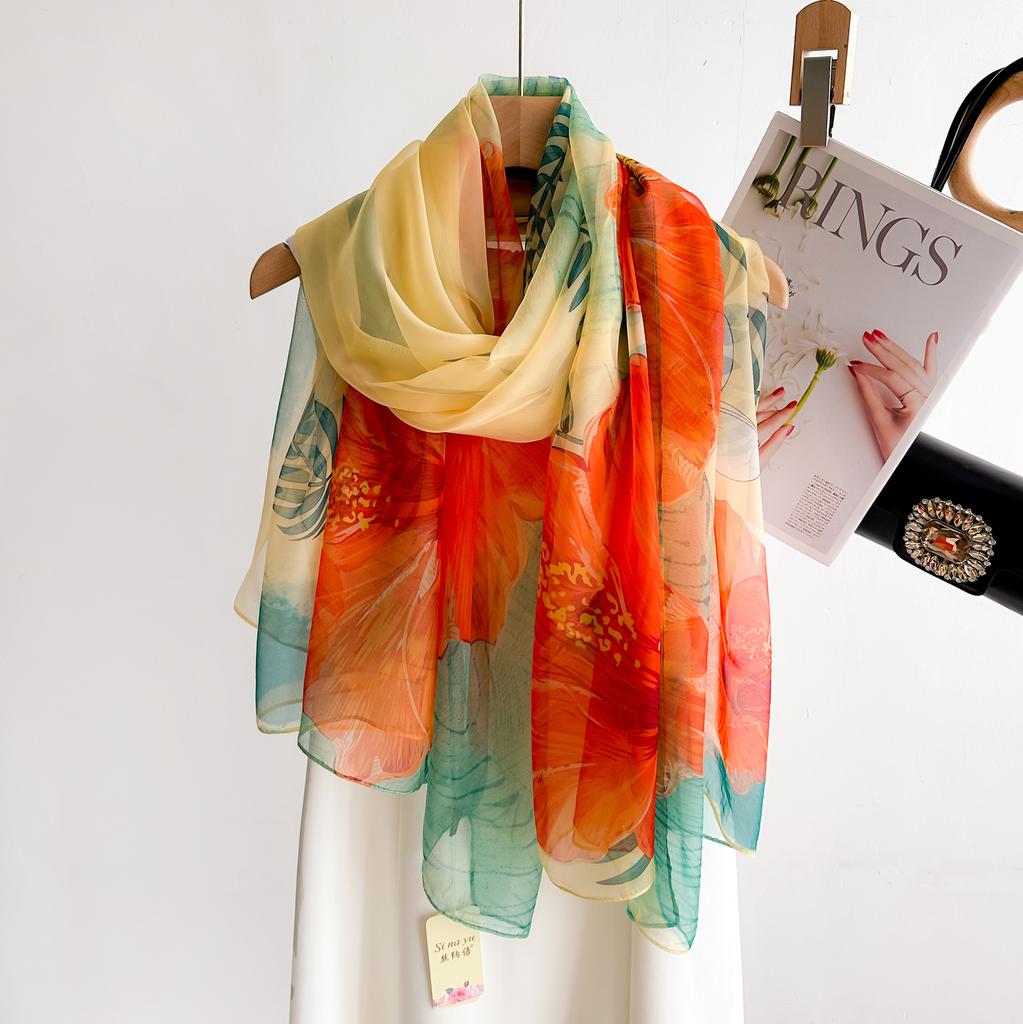 Summer Scarf Women Outdoor Sunscreen Shawl Soft Bandanna Foulard Female Floral Silk Shawl Lady High Quality Head Hijab Wrap