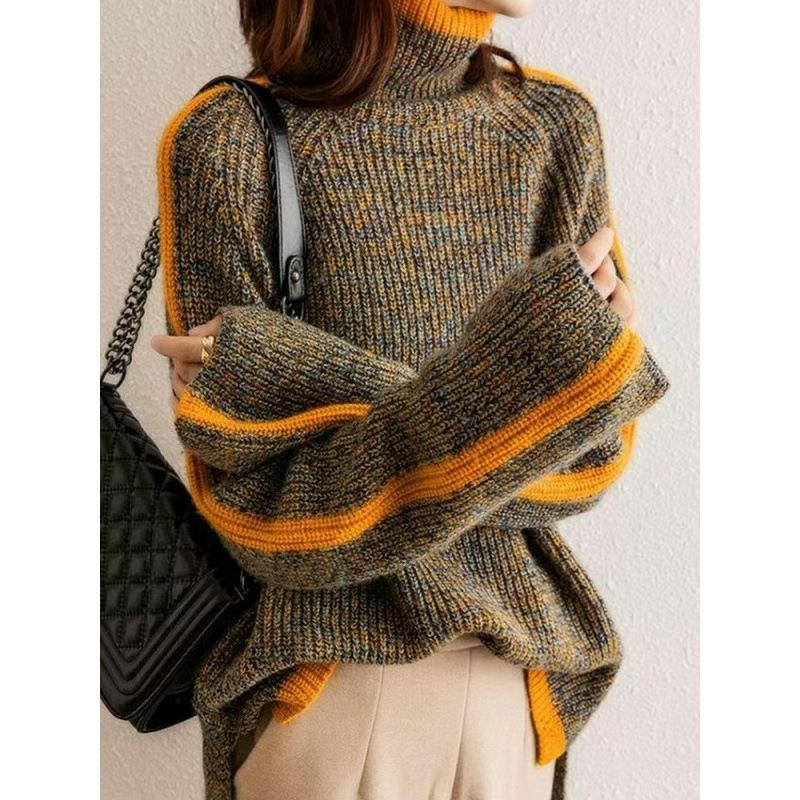 Turtleneck Sweater Women's Thickened Retro Autumn and Winter Japanese Loose Outer Wear Contrast Color Sweater