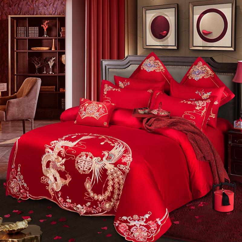 Vierteiliges Hochzeitsset aus Baumwolle, mehrteiliges Set aus reiner Baumwolle, verdickt, gebürstet, chinesische Hochzeit, Schwerindustrie, Stickerei, Hochzeitsset