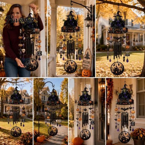 Weather Resistant Patio Chimes Witch Themed Outdoor Wind Chime, Healing Sound Chimes, Mystical Hanging Decor Halloween Magic Iron Ornament for Garden