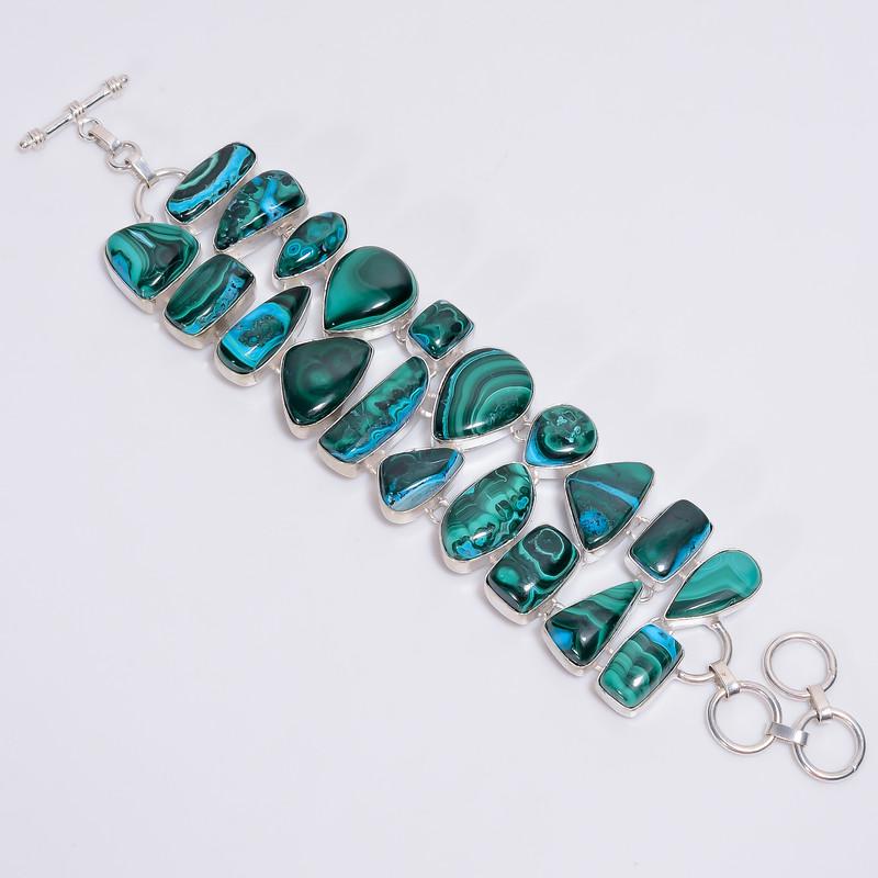 Splendid Top Grade Qualite 100% Natural Malachite Chrysocolla Ethnic Style Handmade Jewelry 925 Steling Silver Plated Bracelet 6-8" WSJ-4625