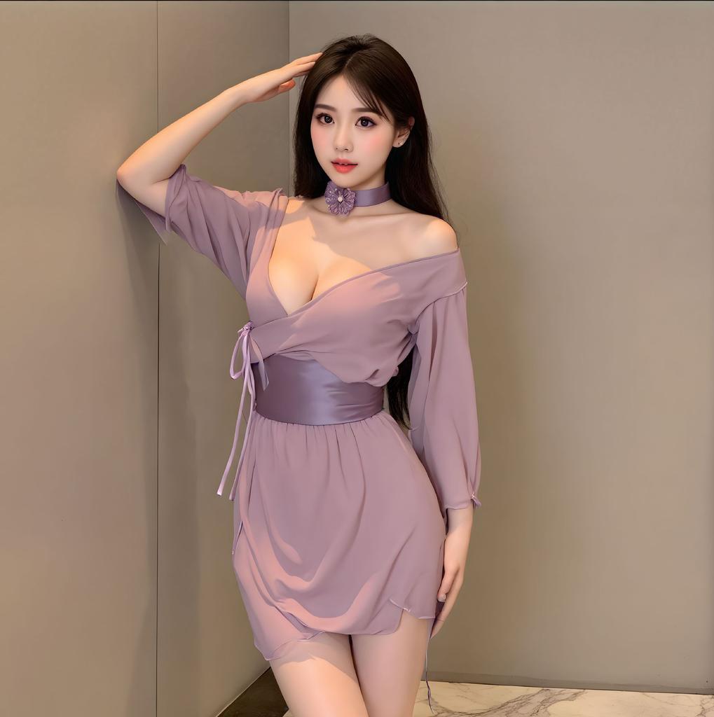 Sexy purple Chinese sexy cos uniform pajama set pure desire to wipe the edge open crotch perspective nightgown