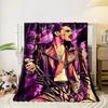 Vibrant stylized figure in a leather jacket against a cosmic purple backdrop. for all seasons blanket lunch break throw gift