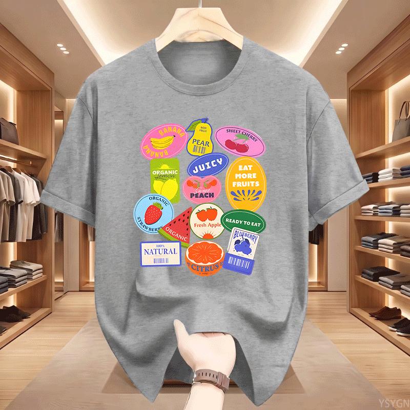 Summer Unisexs Fruit Stickers Graphic Print Tshirt Streetwear Oversized Loose Casual Short Sleeve Suitable For All Seasons Tops