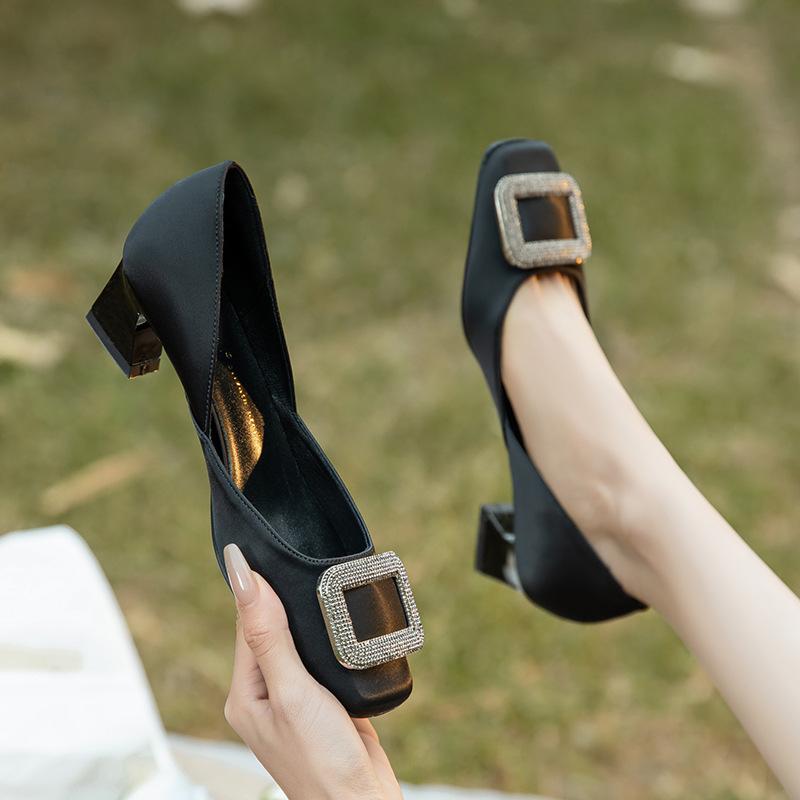 Retro satin silk square buckle high heels women's heel thick square head medium heel single shoes sheepskin spring