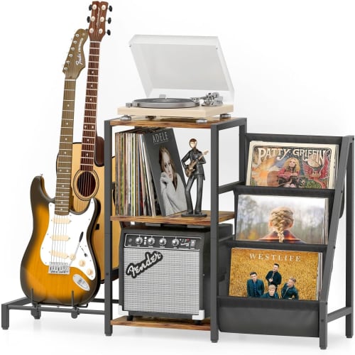 VINAEMO Record Rack, Guitar Stand, 3-Tier Record Shelf, Holds 200 Records, Suitable for Storing Records, Record Players, Speakers, and Audio Equipment