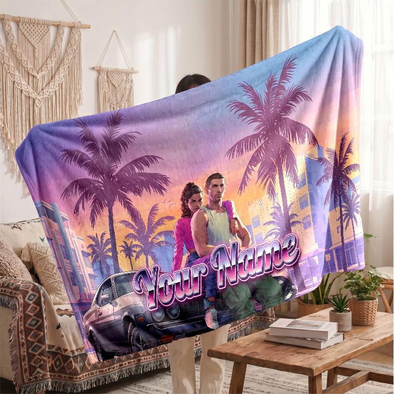 GTA Personalized Flannel Blanket, Custom Printed Text Name, Warm Soft Blanket For Couch Bed