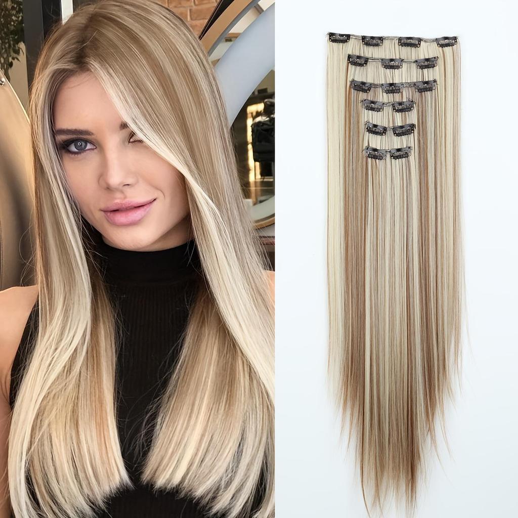 6PCS Clip in Hair Extensions 24" Straight Long Synthetic Hairpieces for Women Daily Party Halloween Black Brown
