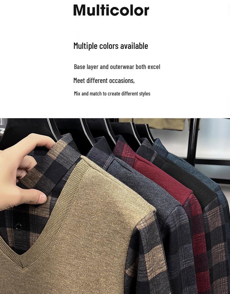 Men's Winter Plus Velvet Faux Two-Piece Shirt with Long Sleeves and Collar - Warm Base Layer for Middle-Aged Casual Wear
