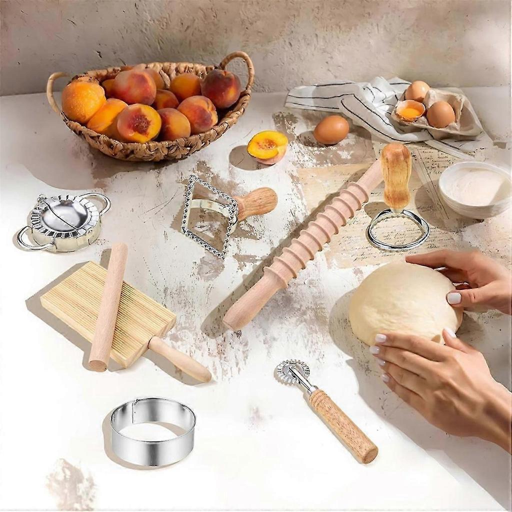 9Pcs Pasta Making Tools Set, Wooden Rolling Pin, Gnocchi Board, Ravioli Stamp Maker Cutter, Pastry Cutter Wheel