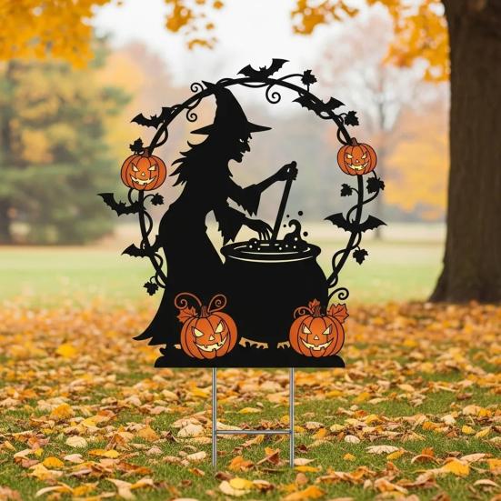 Handmade Witch Garden Stake Black Finish Powder Coated Metal Art Witch Silhouette Stake Halloween Decor
