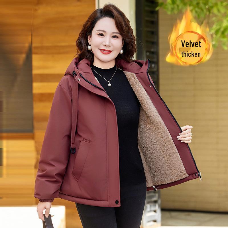Mom's Thick Fleece-Lined Cotton Hooded Windbreaker for Women Over 50 - Warm Winter Jacket