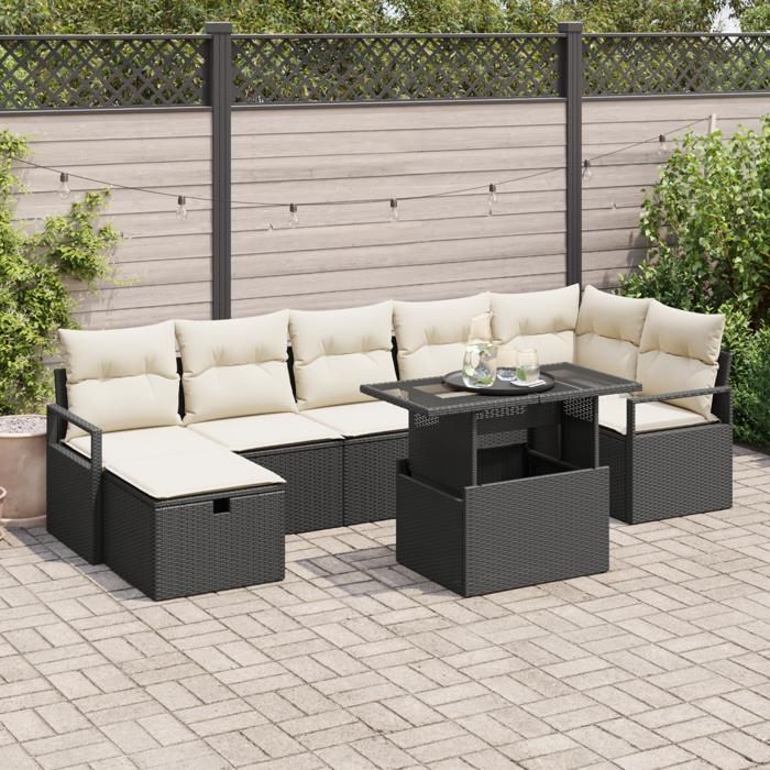 Ensemble de Canapé de Jardin de 8 Pièces avec Coussins Noir Rattan Poly, Canapé de Jardin 2 Places avec Rangement &amp; Coussins 3361136