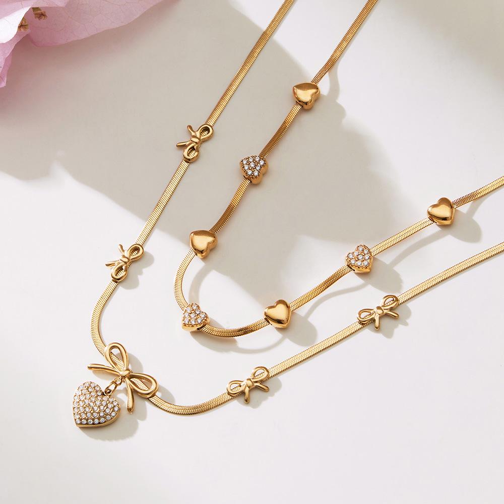 18K Gold-Plated Heart Zircon Bow Pendant Necklace & Bracelet Jewelry Set