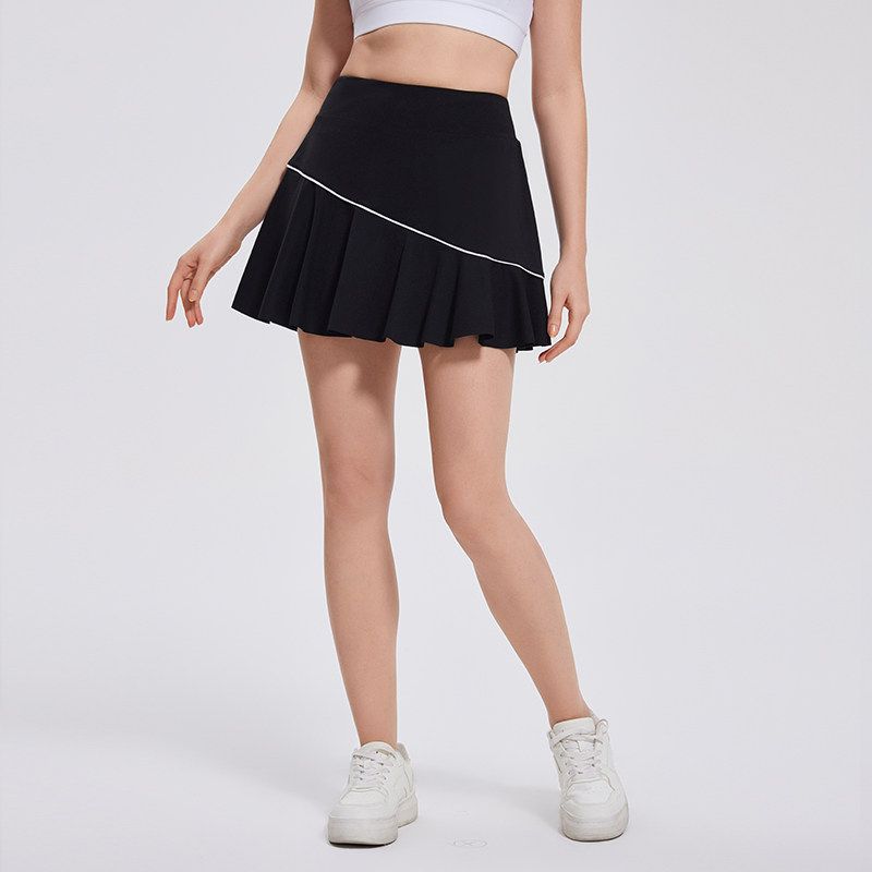 

Fashion Spring and Summer Fake Two-Piece with Pockets Fashion Tape Pleated Sports and Fitness Running Short Skirt Badminton Tennis Skirt Women Black XL(57.5-67.5kg)