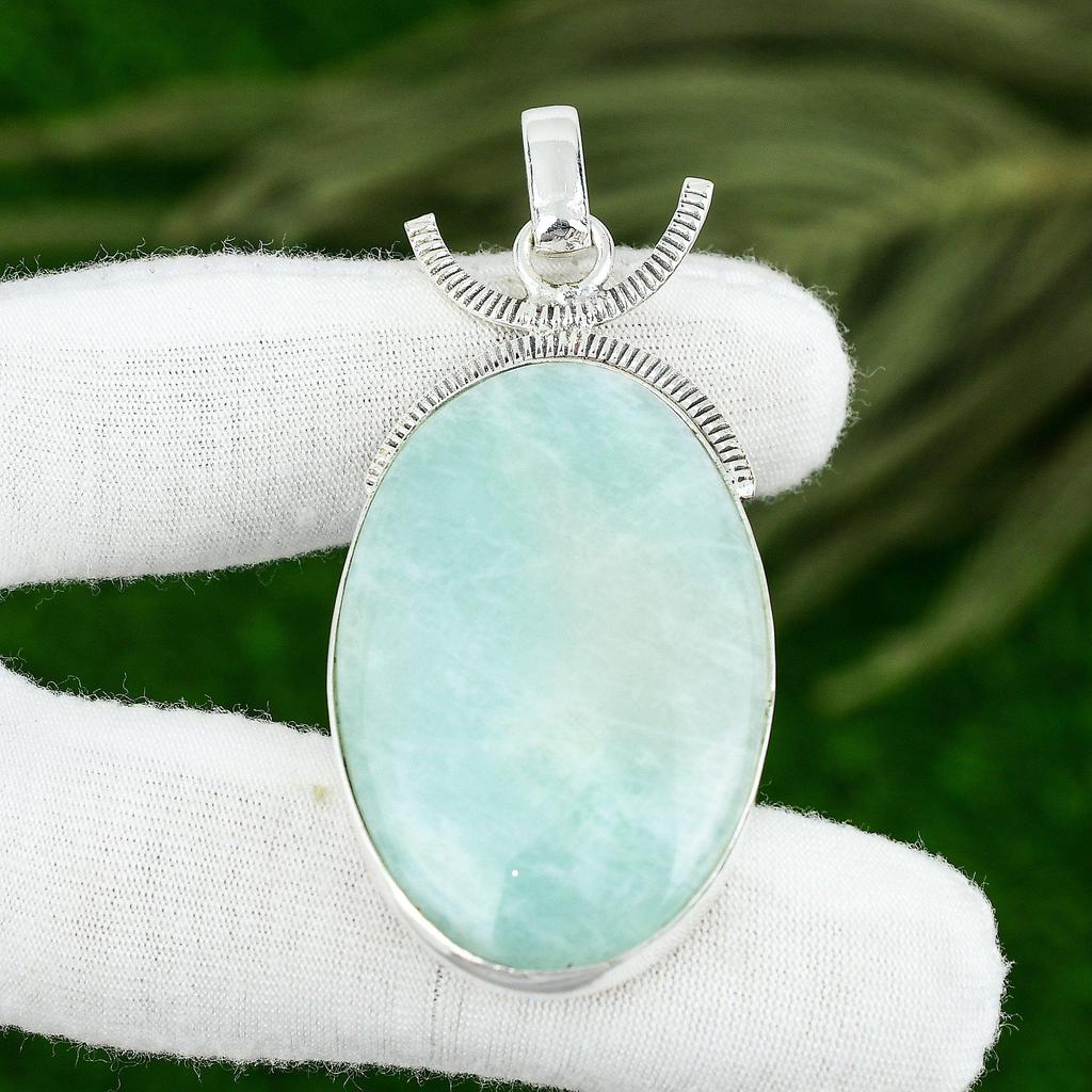 Natural Amazonite Gemstone Pendant 925 Sterling Silver Indian Jewelry For Women