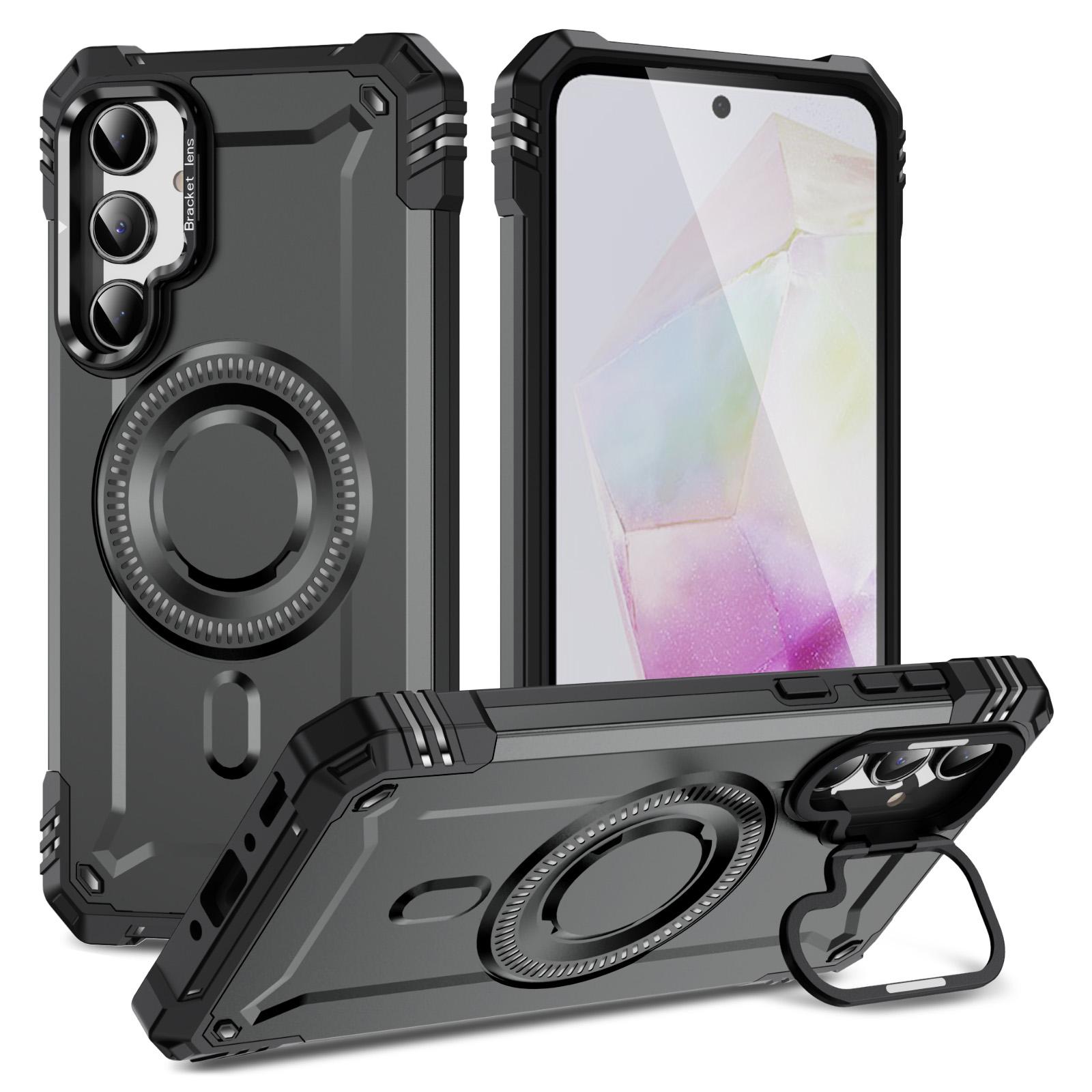 

For Samsung Galaxy A36 5G Magnetic Case Lens Kickstand PC+TPU Shockproof Phone Cover Grey