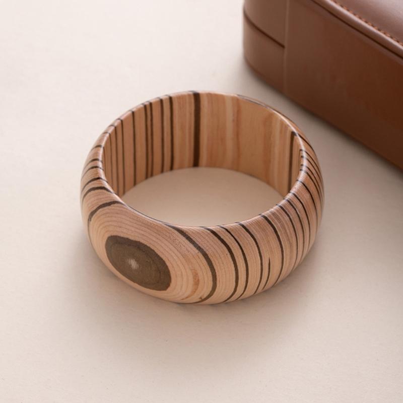 Vintage Ornate Carved Wooden Bangle Bracelet Artistic Wide Cuff For Women Elegant Natural Wood Jewelry Accessory