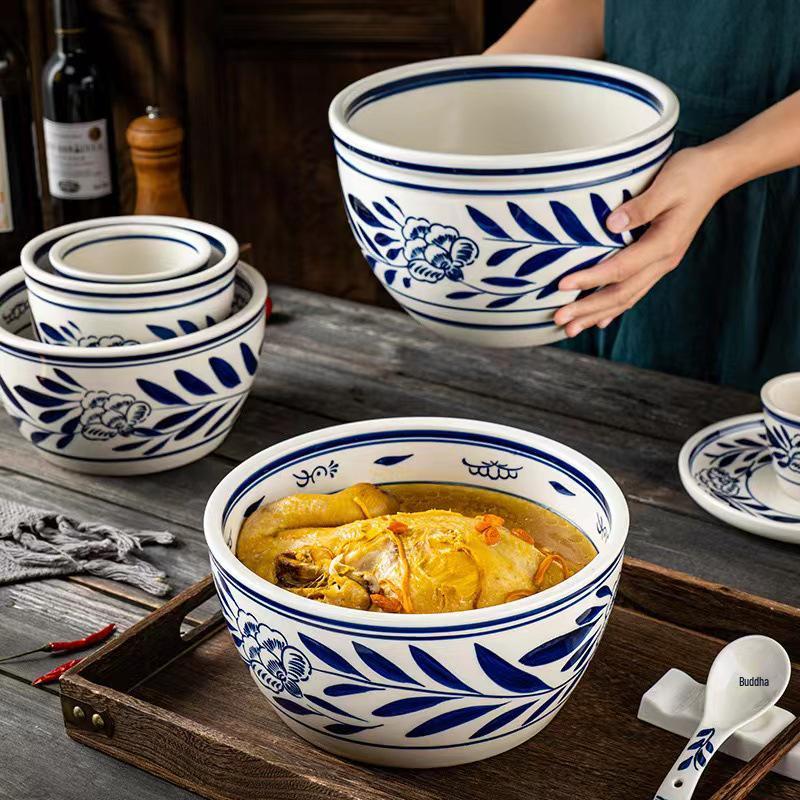 Retro Blue & White Porcelain Double Ear Round Jar - Large Deep Soup or Rice Bowl, Creative Ceramic Tableware for Hotels & Restaurants
