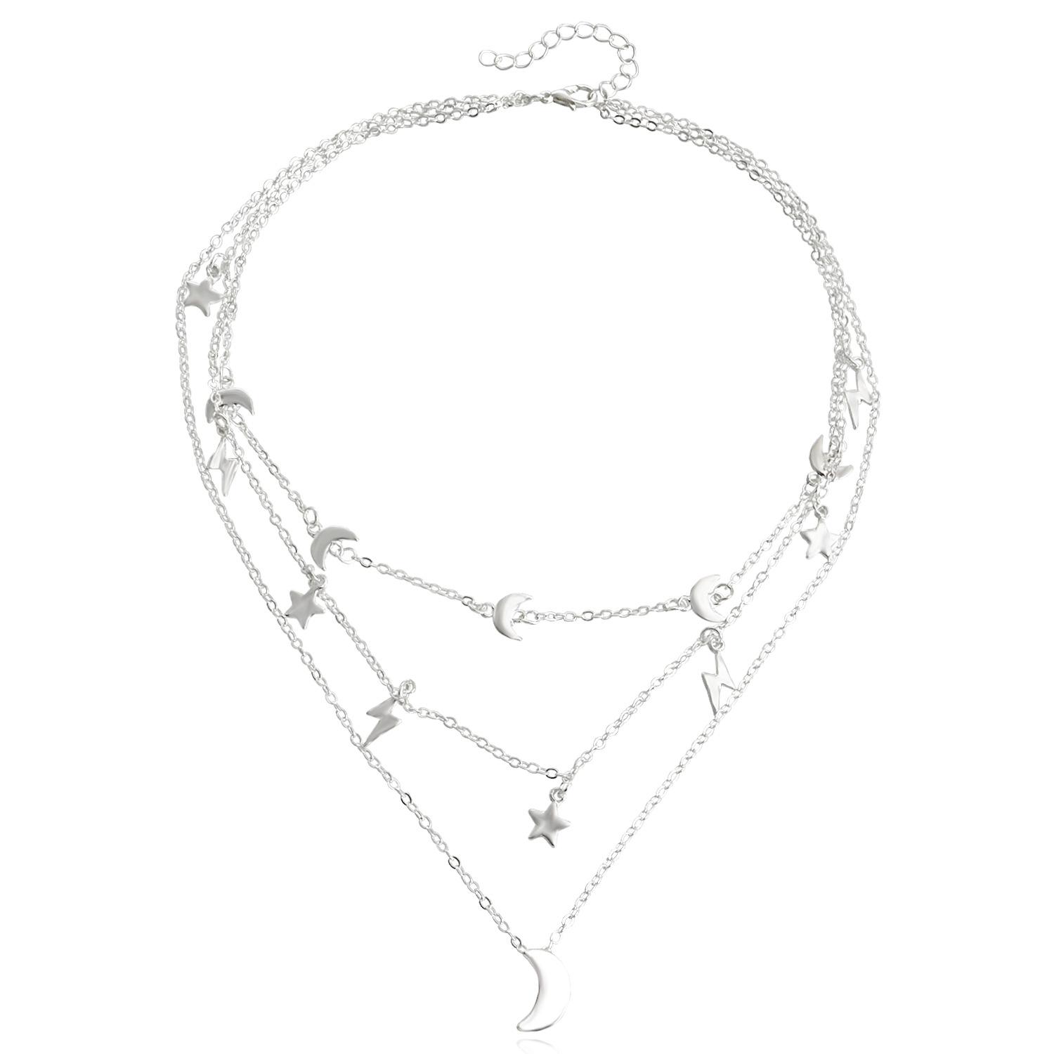 

Hot Sale Star Moon Pendant Double Necklace Creative Retro Simple Alloy Jewelry серебряный