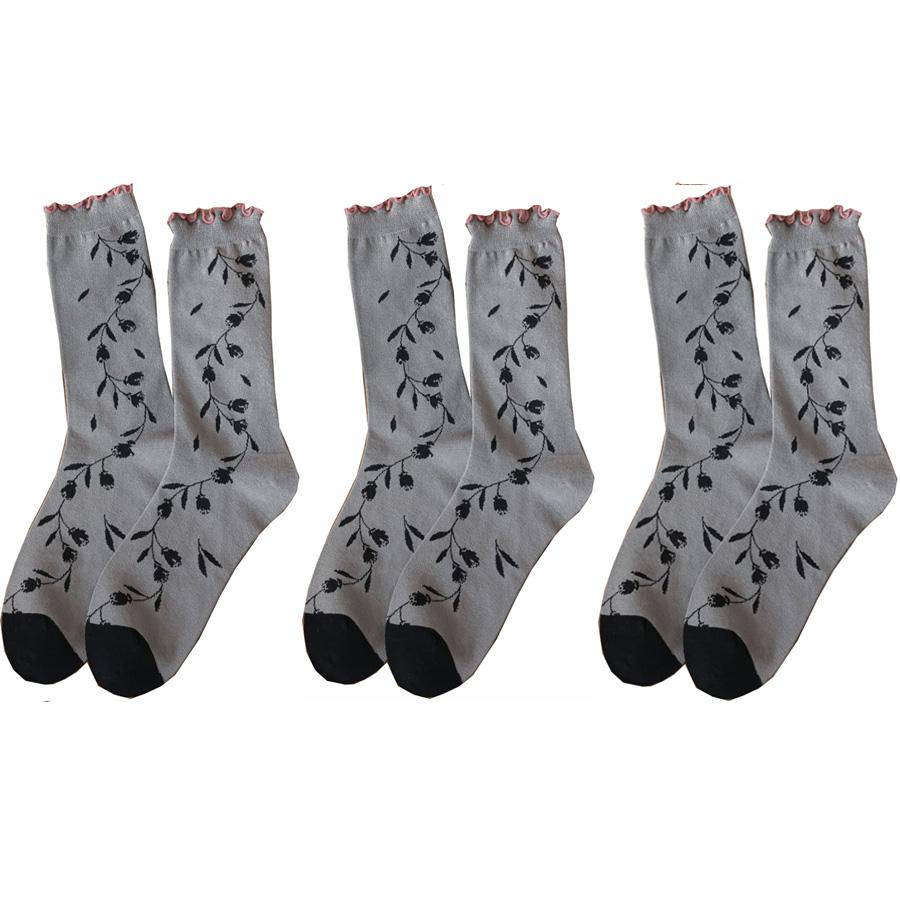 3 Pair Korean Style Women Socks Fashion Flower Printing Autumn Winter Middle Tube Lady Socks Set Soft Comfortable Socks Woman