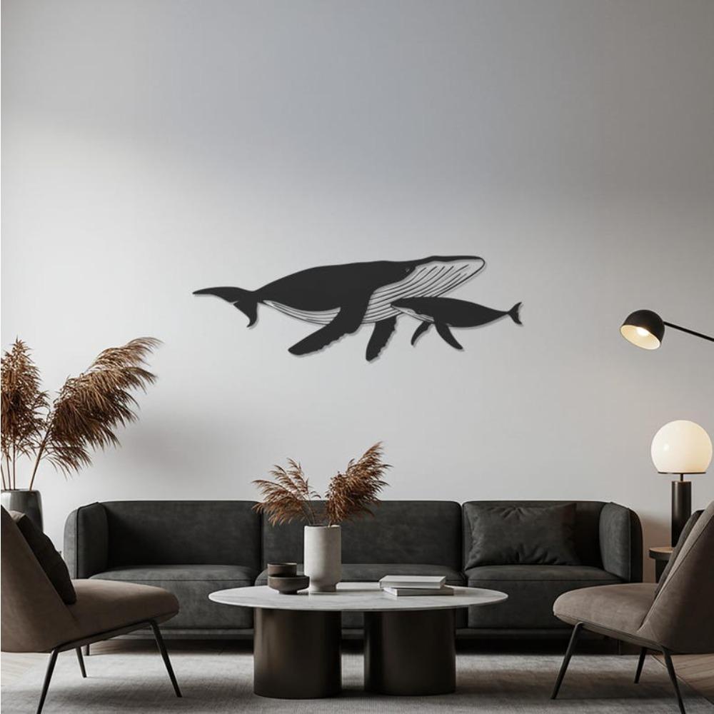 Whale Family Metal Wall Art Ocean Inspired Whale Calf Silhouette Minimalist Sea Life Decor for Living Room Office