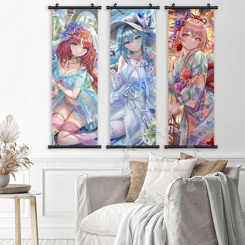 Impact Genshin Poster Anime Hot Games Wall Artwork Hutao Klee Vendi Canvas Painting Print Hanging Scroll Home Decoration Gift