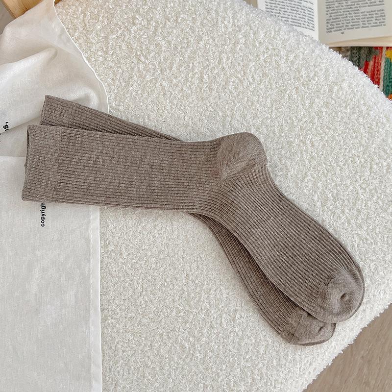 Simple Basic Solid Color Fine Vertical Striped Medium Tube Socks Season Wear With Birkenstocks Stacking Socks