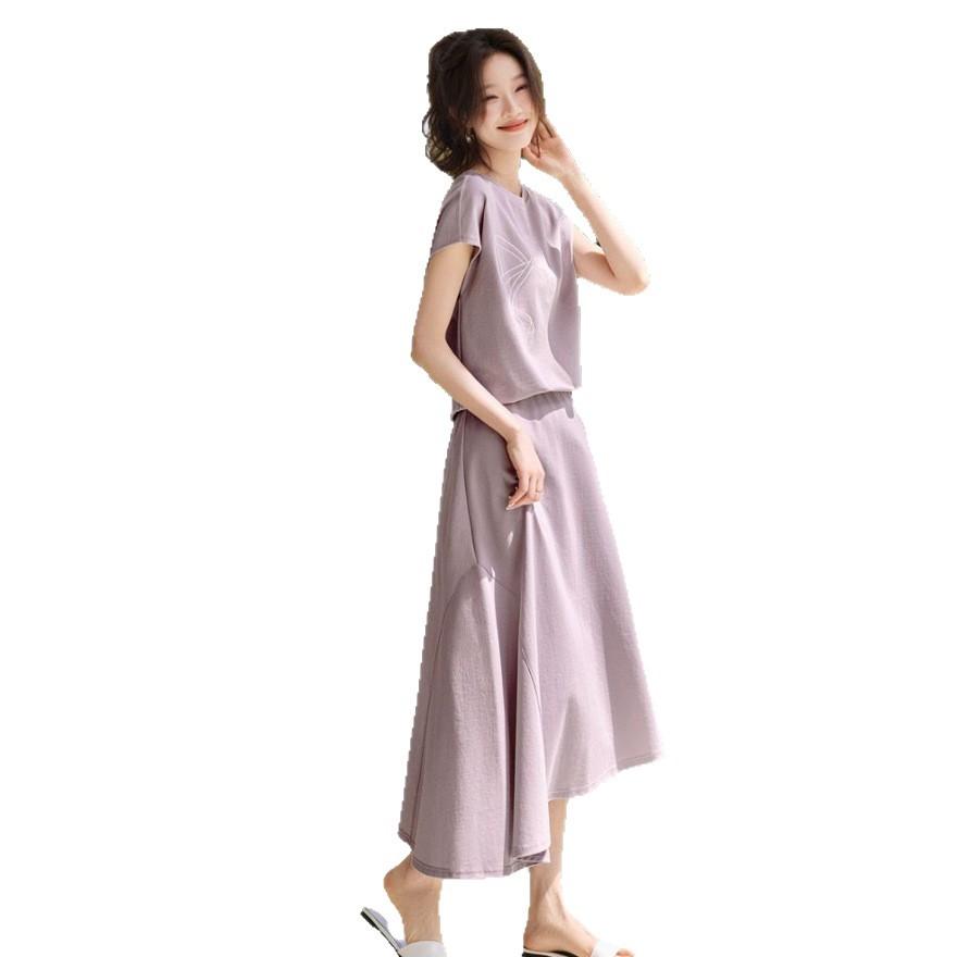 Fashion Casual Suit Skirt Summer New Light Bow Embroidered T-shirt Irregular Skirt Suit Women