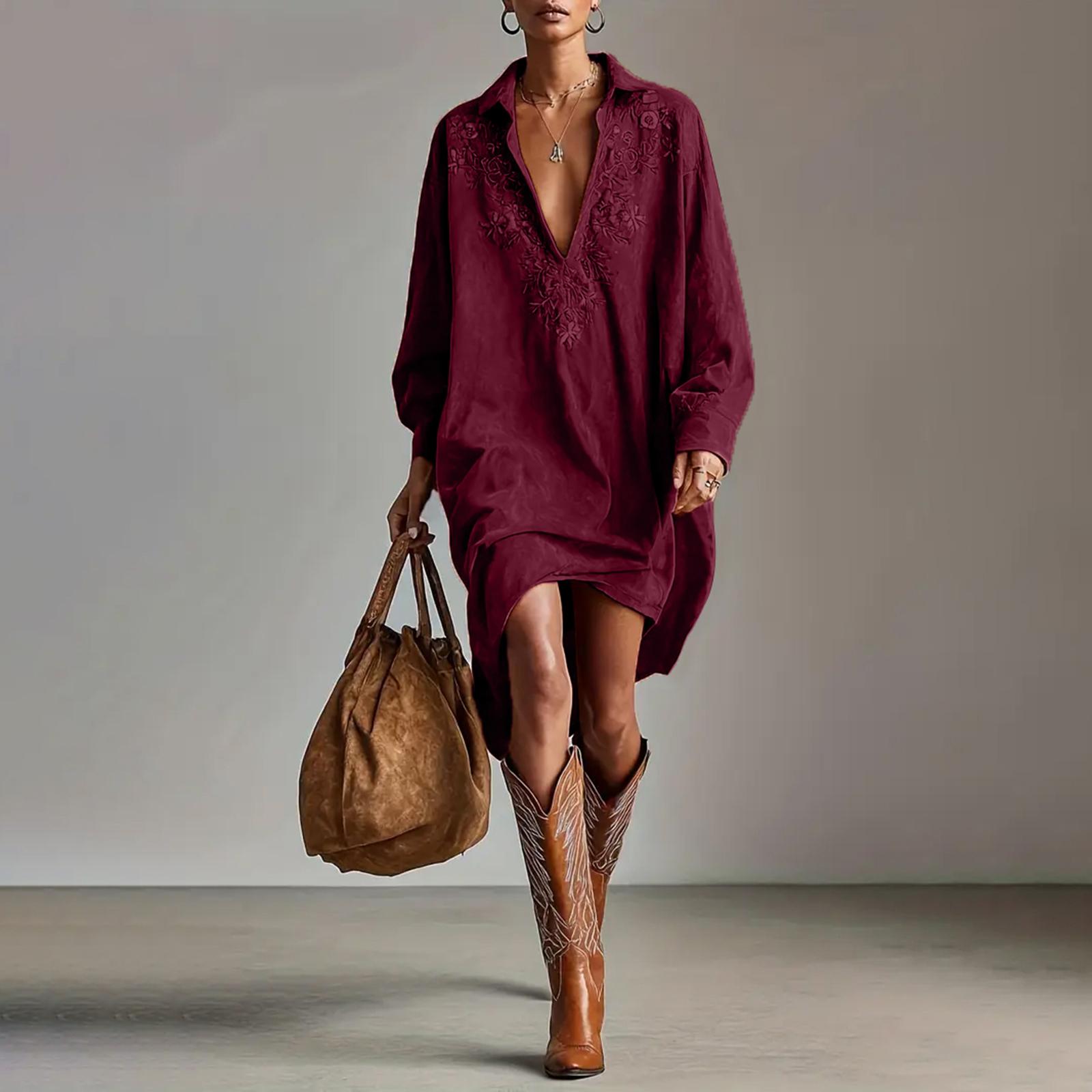 

Women s Long Sleeved Casual Retro Loose V-neck Suede Like Dress XL