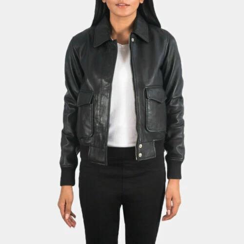Stylish Women's Handmade Real Lambskin Bomber Leather Jacket Black Handmade Biker Casual
