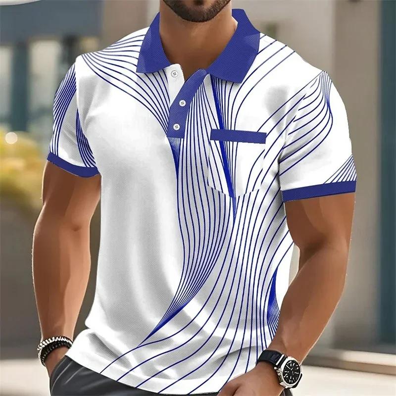 Stylisches geometrisches Linienmuster Kurzarm-Poloshirt mit Tasche, lässig und trendig.
