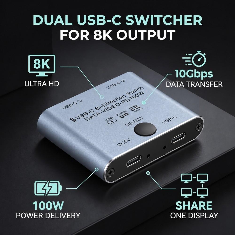 100W Power Delivery USB C Splitter 8K@60Hz Type C Switcher Splitter HD KVM Switch For 2 Computers