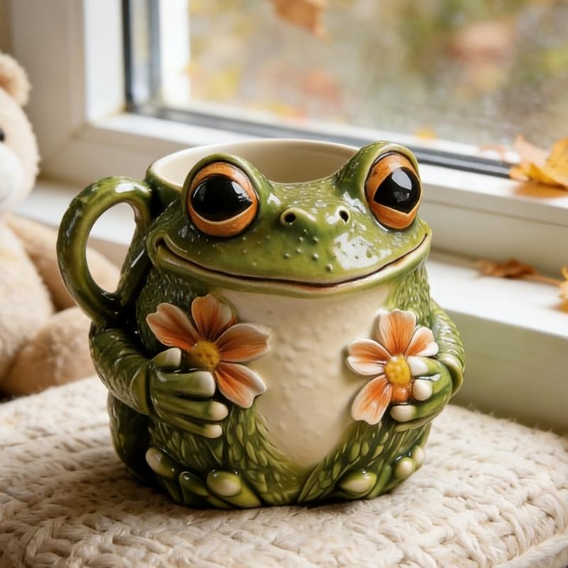 Fun Garden Themed Drinking Mug With Ergonomic Grip Frogs And Florals Cup Perfect For Hot And Cold Beverages