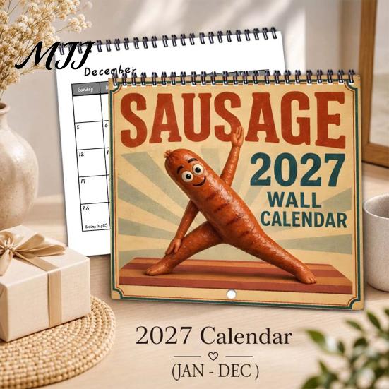Coated Paper Wall Calendar Sausage 2027 Calendar, Funny Figure 12 Month Planner Creative Home Office Decor with Spiral Binding, Novelty Hanging