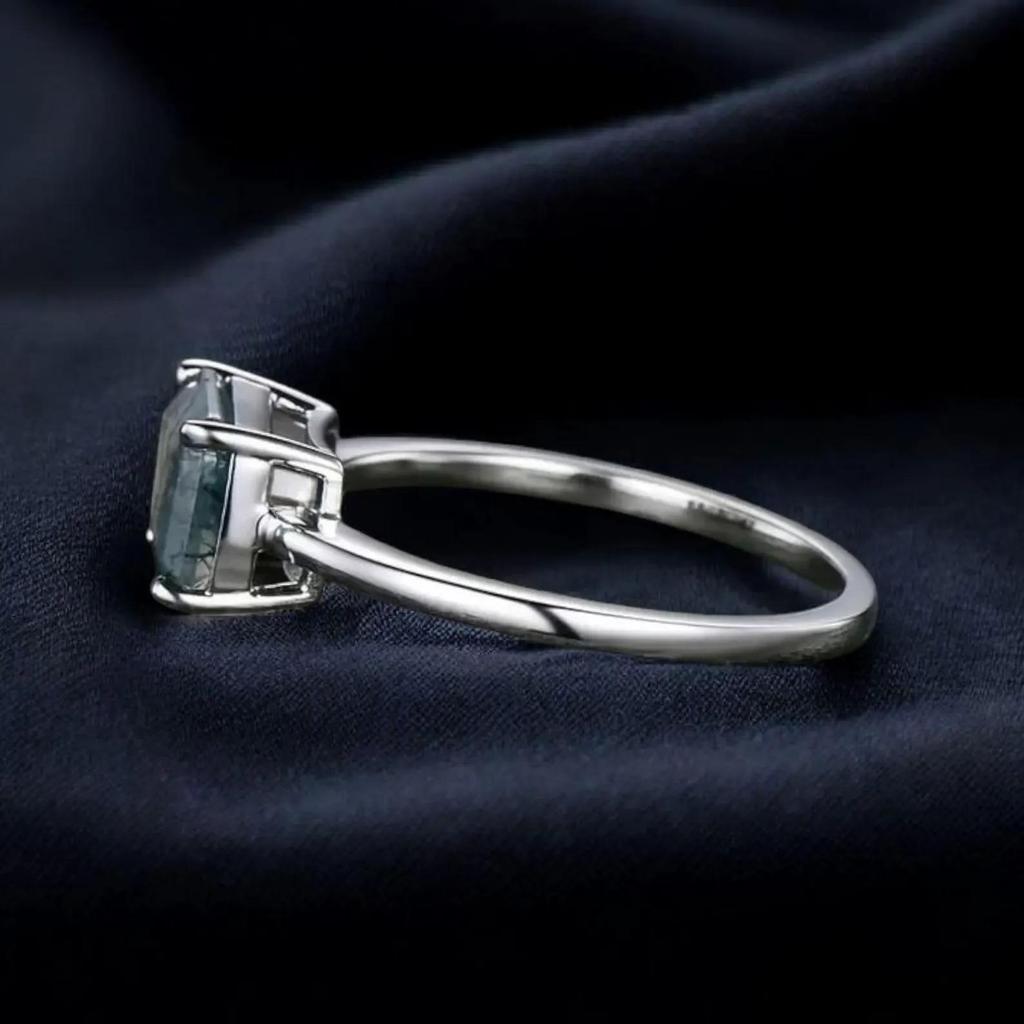 Emerald Cut Moss Agate Ring | 925 Sterling Silver Solitaire Ring for Women | Wedding, Engagement, Anniversary, Promise Gift