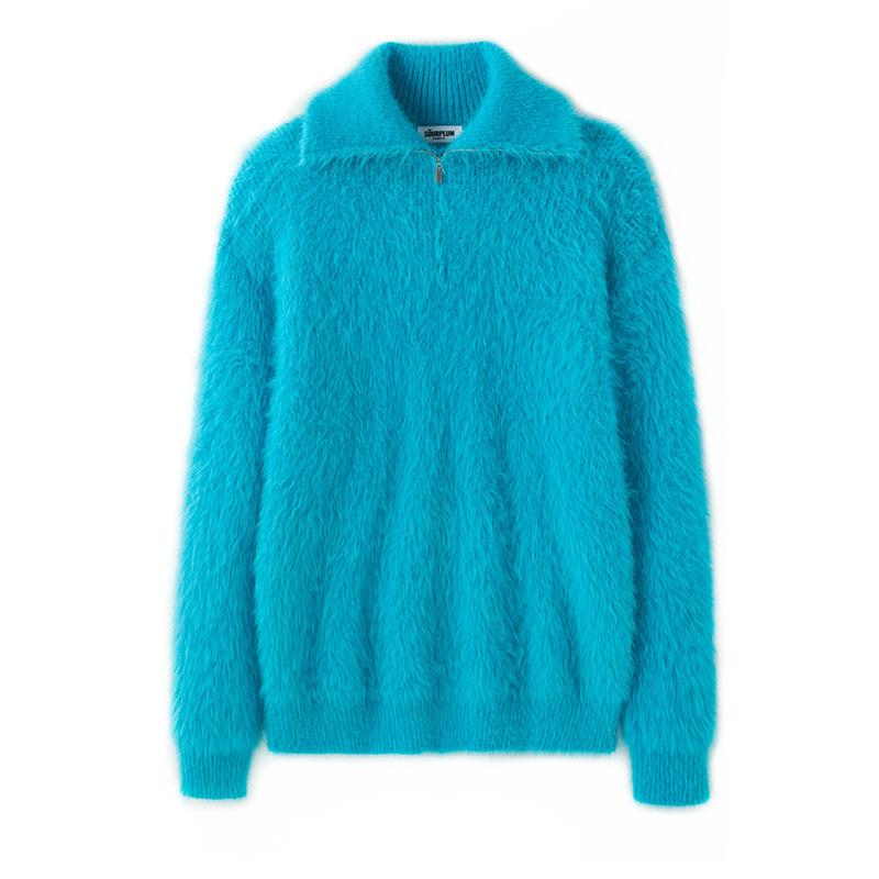 Koreanischer Strickpullover mit Umlegekragen und halbem Reißverschluss: Lässige Herbst/Winterweite Passform XL blau