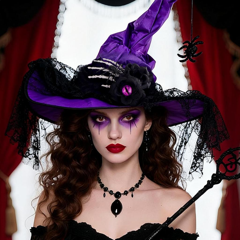 Halloween Witches Hat Pointed Lace Gothic Headdress Retro Finger Bone Black Spider Womens Witch Hat For Prom Masquerade Event