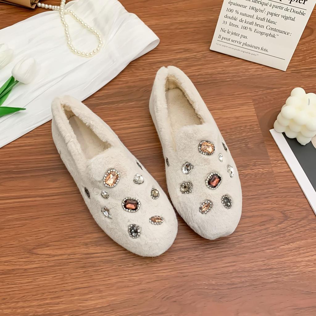 Winter New Thick-soled Fluffy Shoes Women's Korean Version of Thick Plush Warm Shoes Sparkling Diamond Fashionable Outer Wear Women's Shoes Velvet